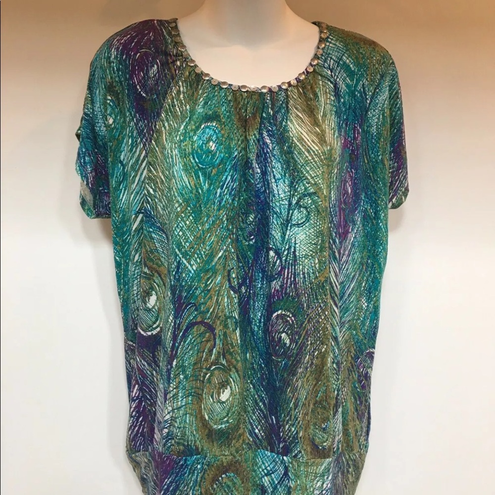RUBY RD Sz M Turquoise Peacock feather Print Knit